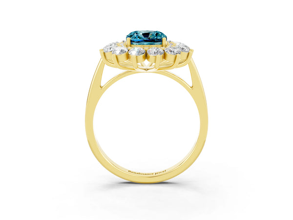 Yellow gold Cushion Cut Blue Topaz Floral Double Halo Engagement Ring with Prong Setting
