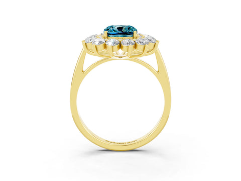 Yellow gold Cushion Cut Halo Cluster Diamond Ring with Pave Band and Four-Prong Setting_15