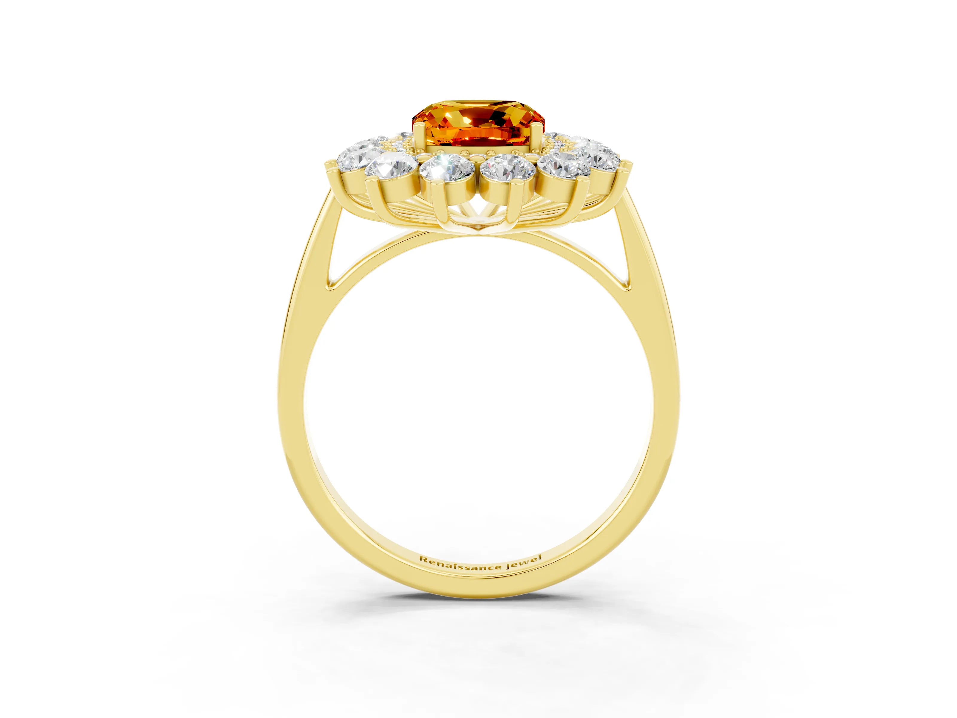 Yellow gold Cushion Cut Halo Cluster Diamond Ring with Pave Band and Four-Prong Setting_15
