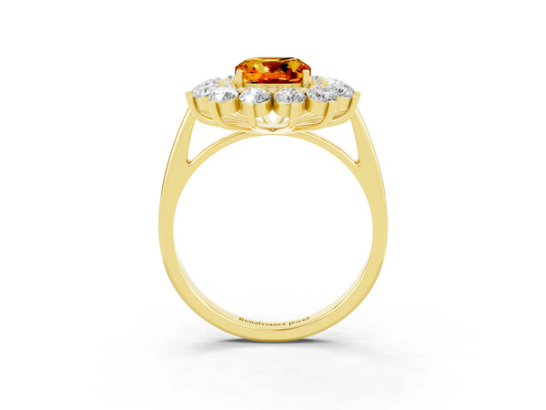 Yellow gold Cushion Cut Citrine Floral Double Halo Engagement Ring with Prong Setting