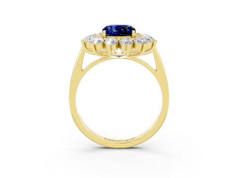 Yellow gold Cushion Cut Halo Cluster Diamond Ring with Pave Band and Four-Prong Setting_15