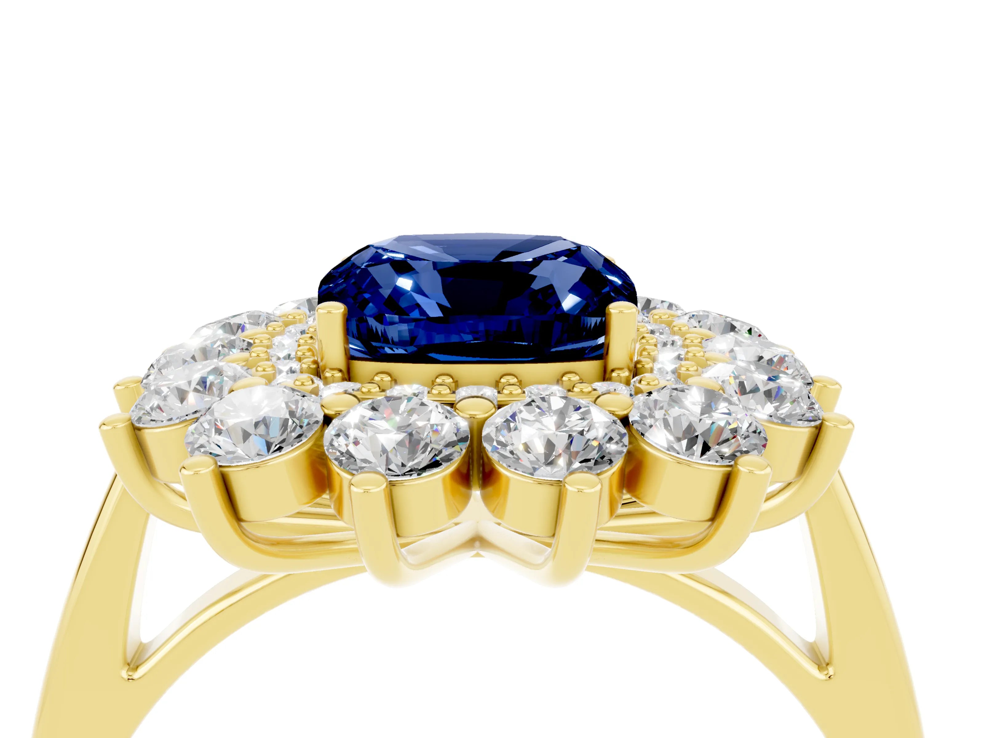 Yellow gold Cushion Cut Halo Cluster Diamond Ring with Pave Band and Four-Prong Setting_16