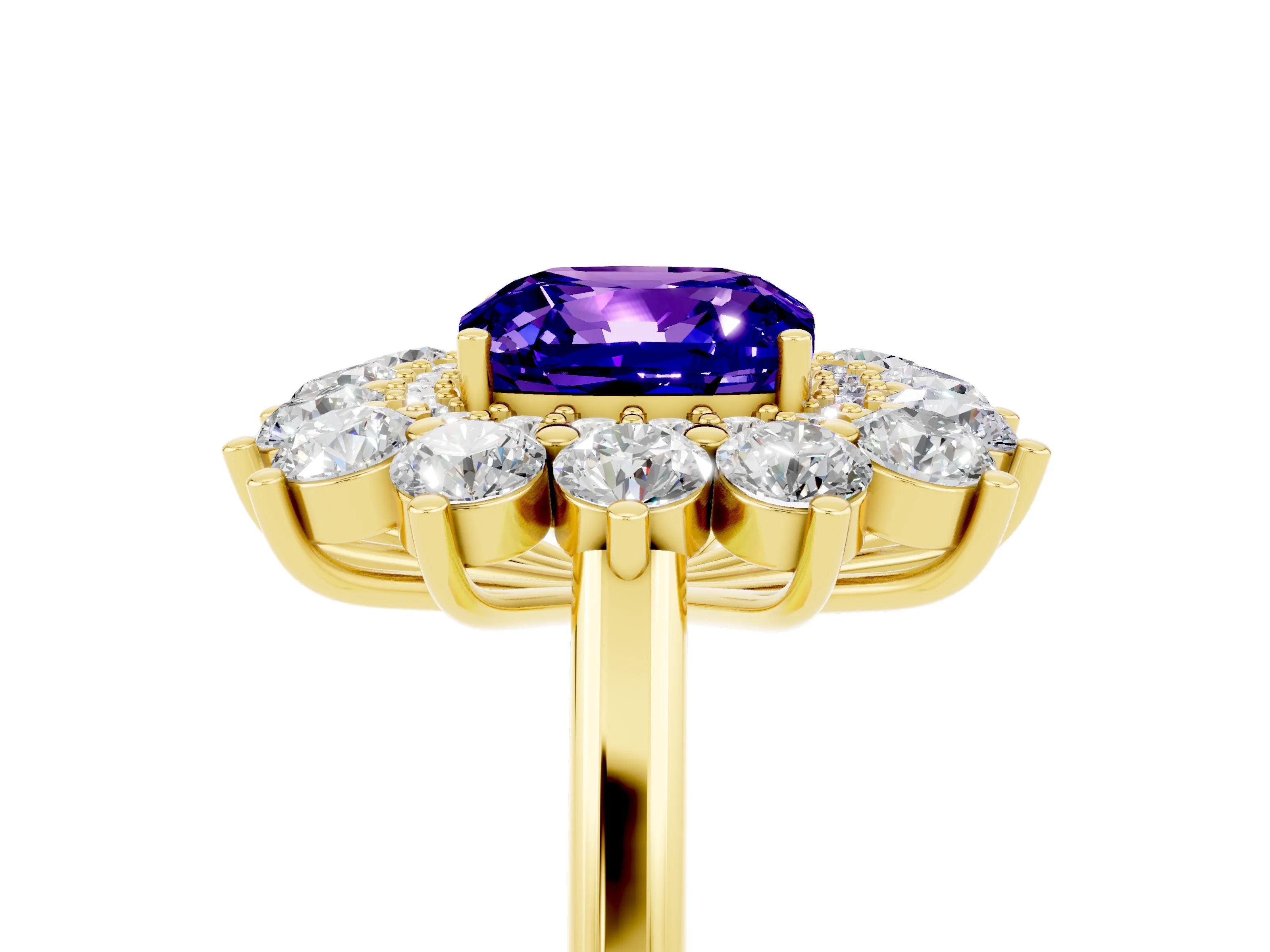 Yellow gold Cushion Cut Halo Cluster Diamond Ring with Pave Band and Four-Prong Setting_17