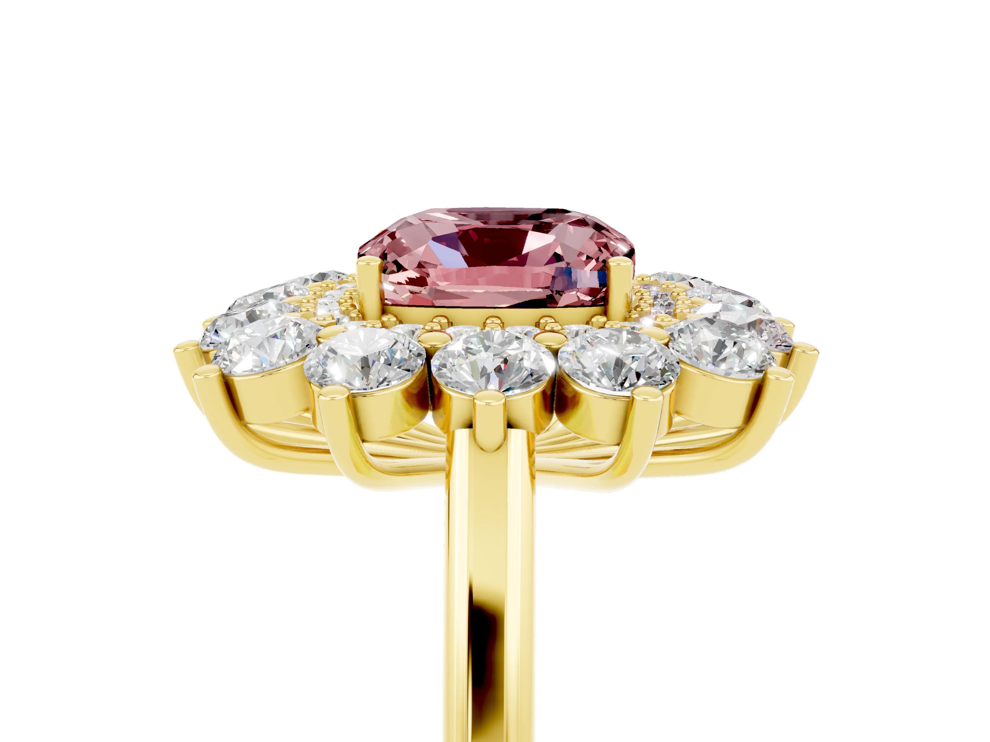 Yellow gold Cushion Cut Halo Cluster Diamond Ring with Pave Band and Four-Prong Setting_17