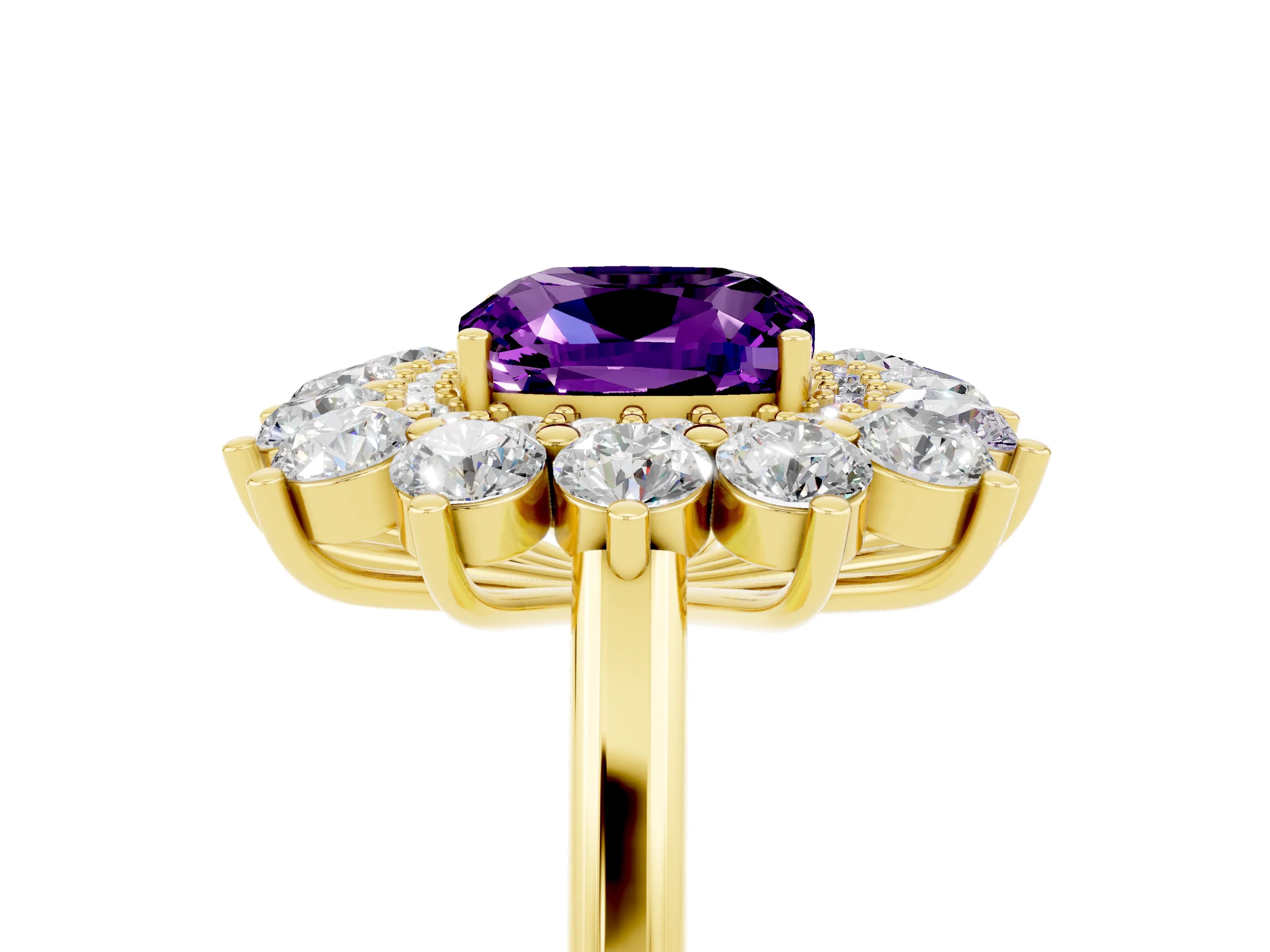 Yellow gold Cushion Cut Halo Cluster Diamond Ring with Pave Band and Four-Prong Setting_17