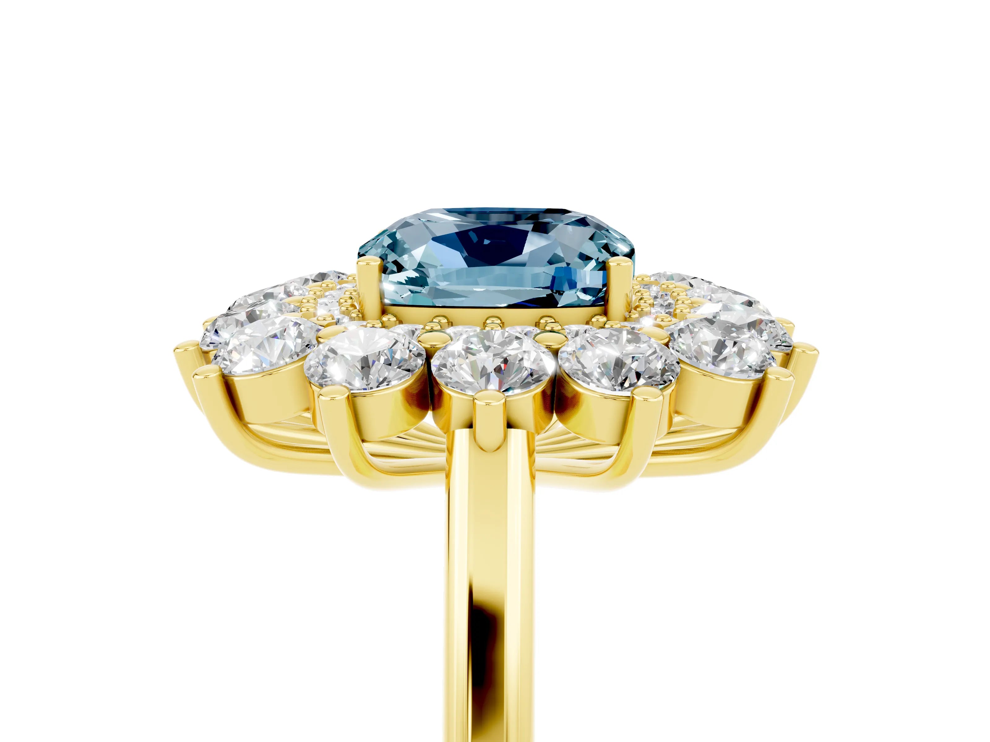 Yellow gold Cushion Cut Halo Cluster Diamond Ring with Pave Band and Four-Prong Setting_17