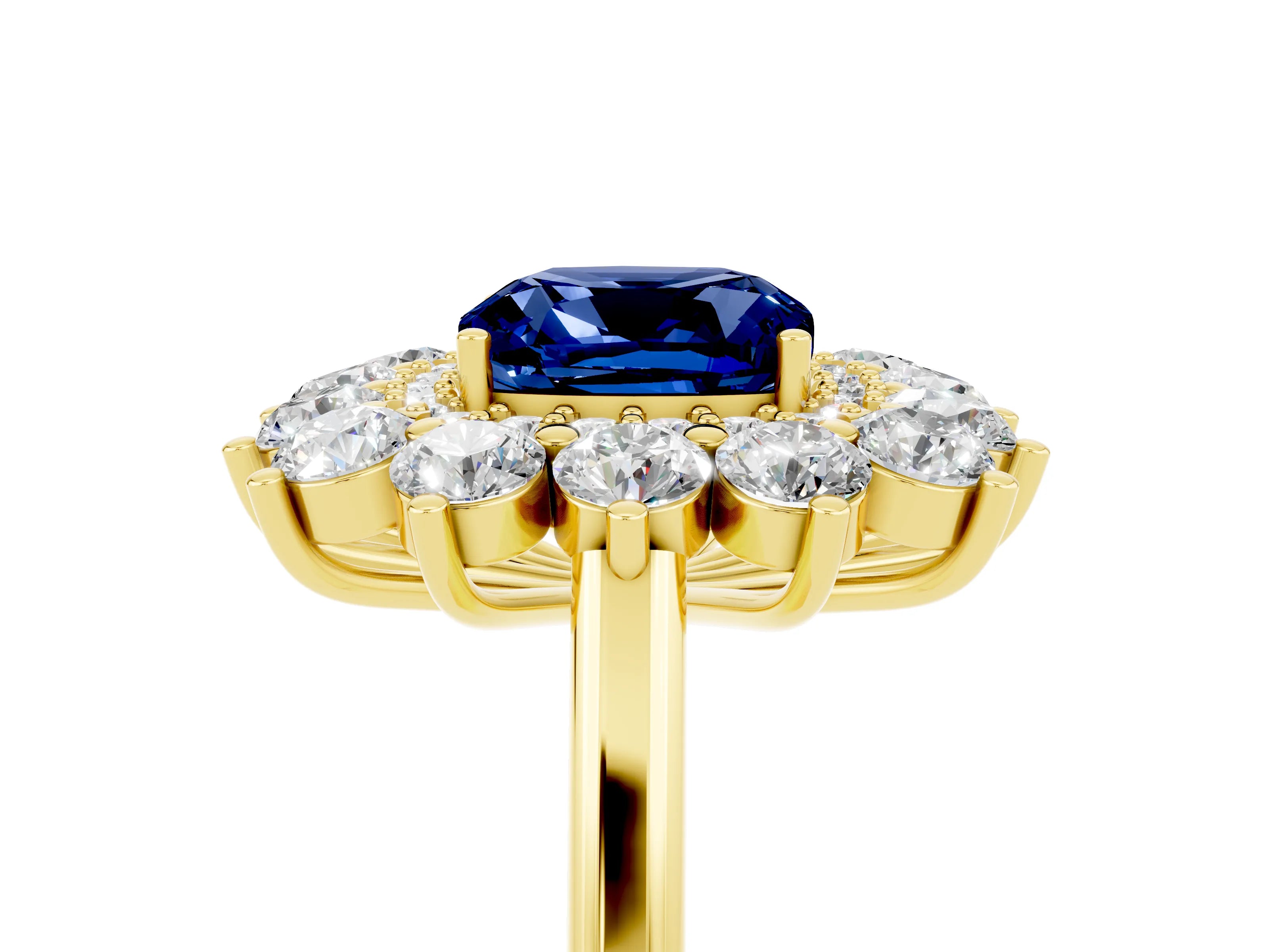 Yellow gold Cushion Cut Halo Cluster Diamond Ring with Pave Band and Four-Prong Setting_17