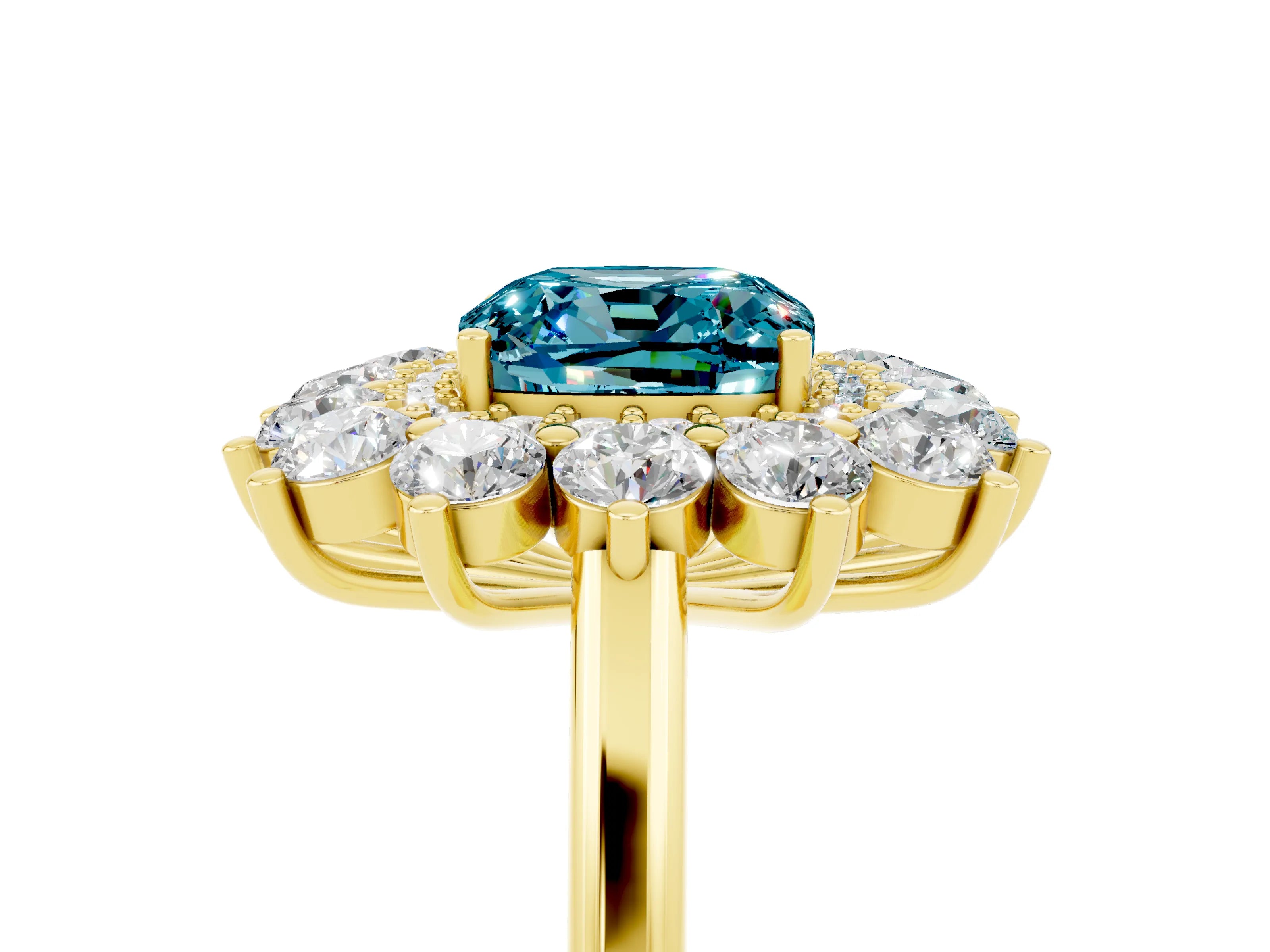 Yellow gold Cushion Cut Halo Cluster Diamond Ring with Pave Band and Four-Prong Setting_17