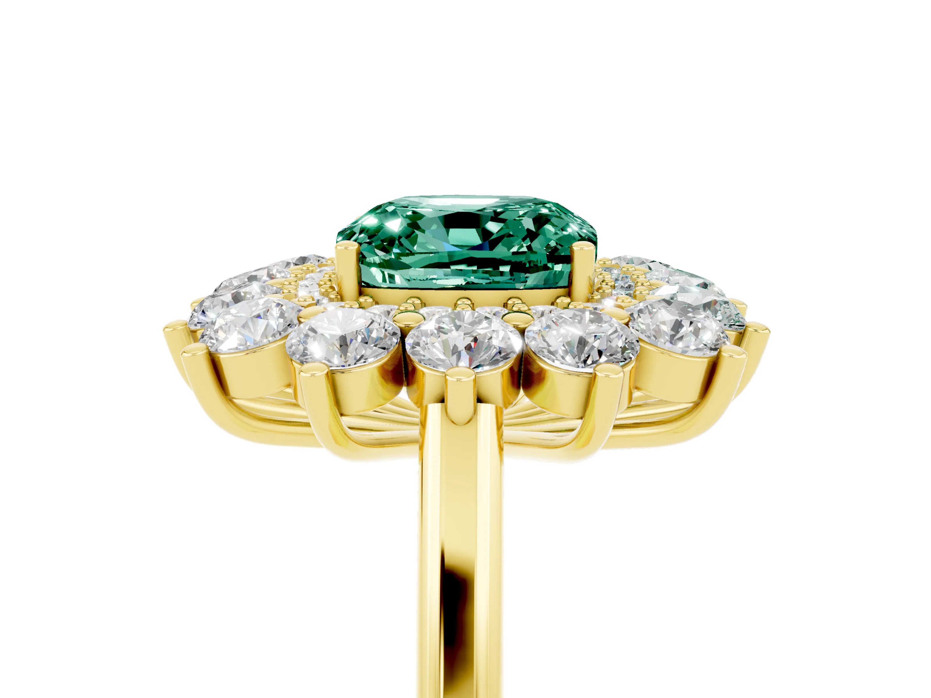 Yellow gold Cushion Cut Halo Cluster Diamond Ring with Pave Band and Four-Prong Setting_17