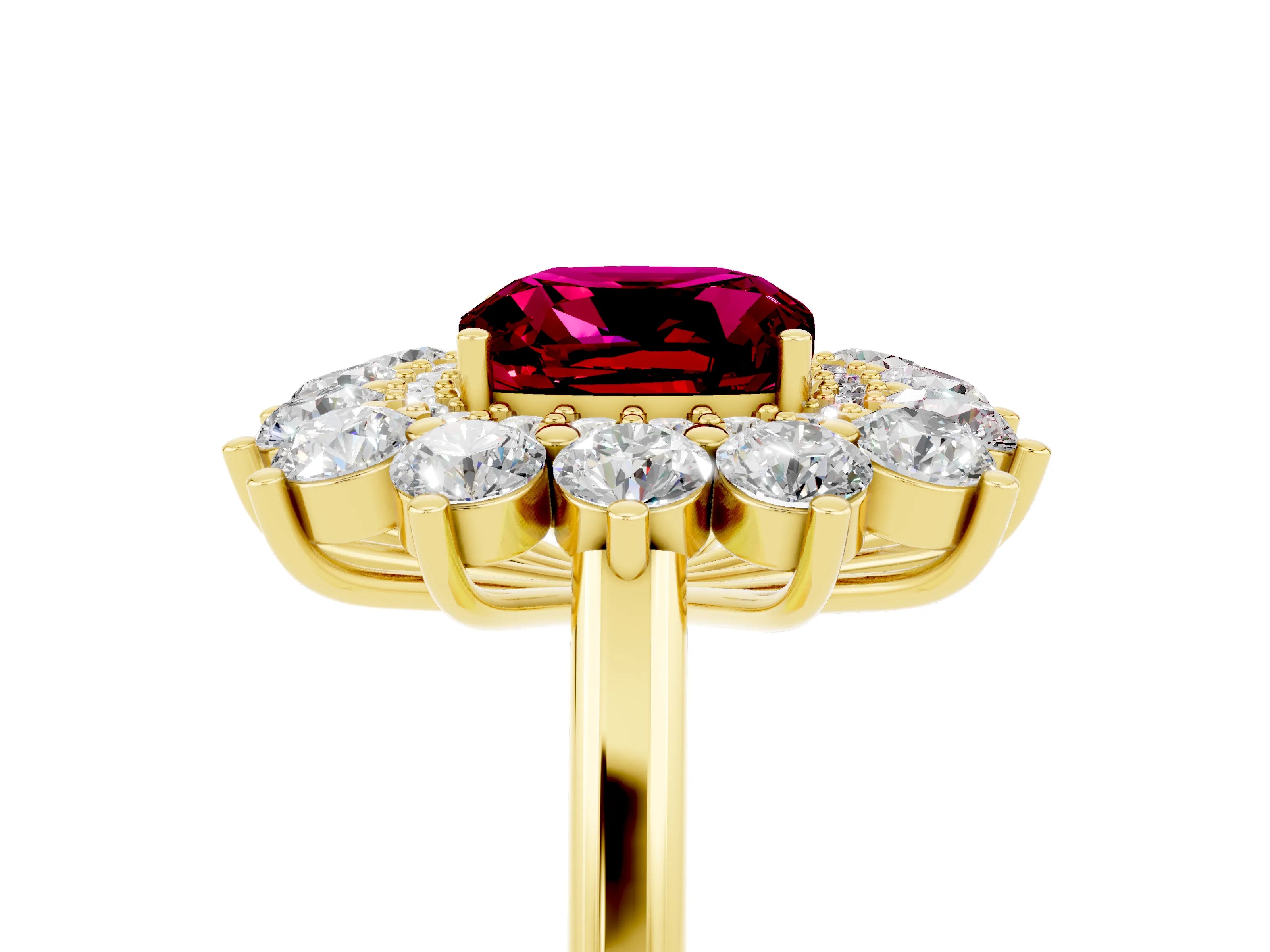Yellow gold Cushion Cut Halo Cluster Diamond Ring with Pave Band and Four-Prong Setting_17