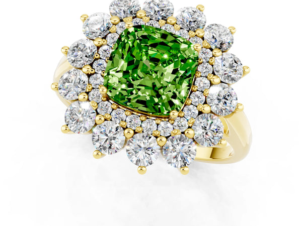 Yellow gold Cushion Cut Halo Cluster Diamond Ring with Pave Band and Four-Prong Setting