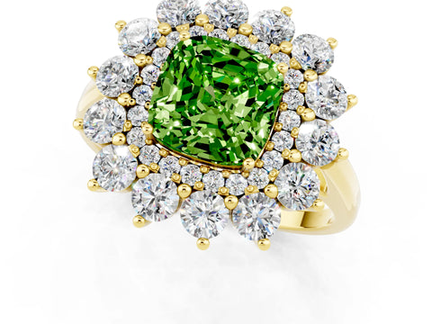 Yellow gold Cushion Cut Halo Cluster Diamond Ring with Pave Band and Four-Prong Setting_1