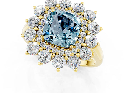 Yellow gold Cushion Cut Halo Cluster Diamond Ring with Pave Band and Four-Prong Setting_1