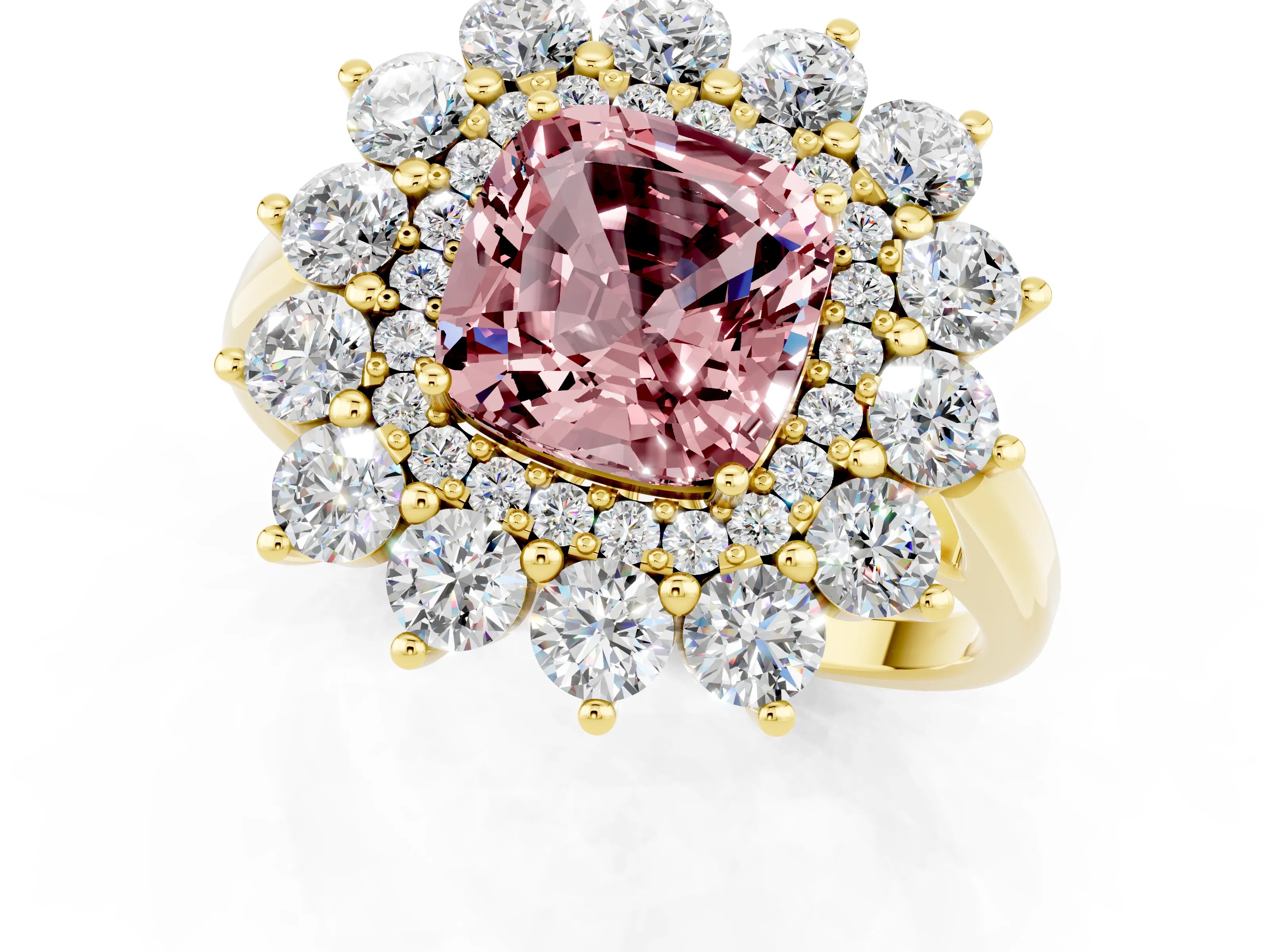 Yellow gold Cushion Cut Halo Cluster Diamond Ring with Pave Band and Four-Prong Setting_1