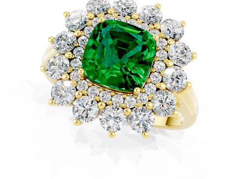 Yellow gold Cushion Cut Halo Cluster Diamond Ring with Pave Band and Four-Prong Setting_1