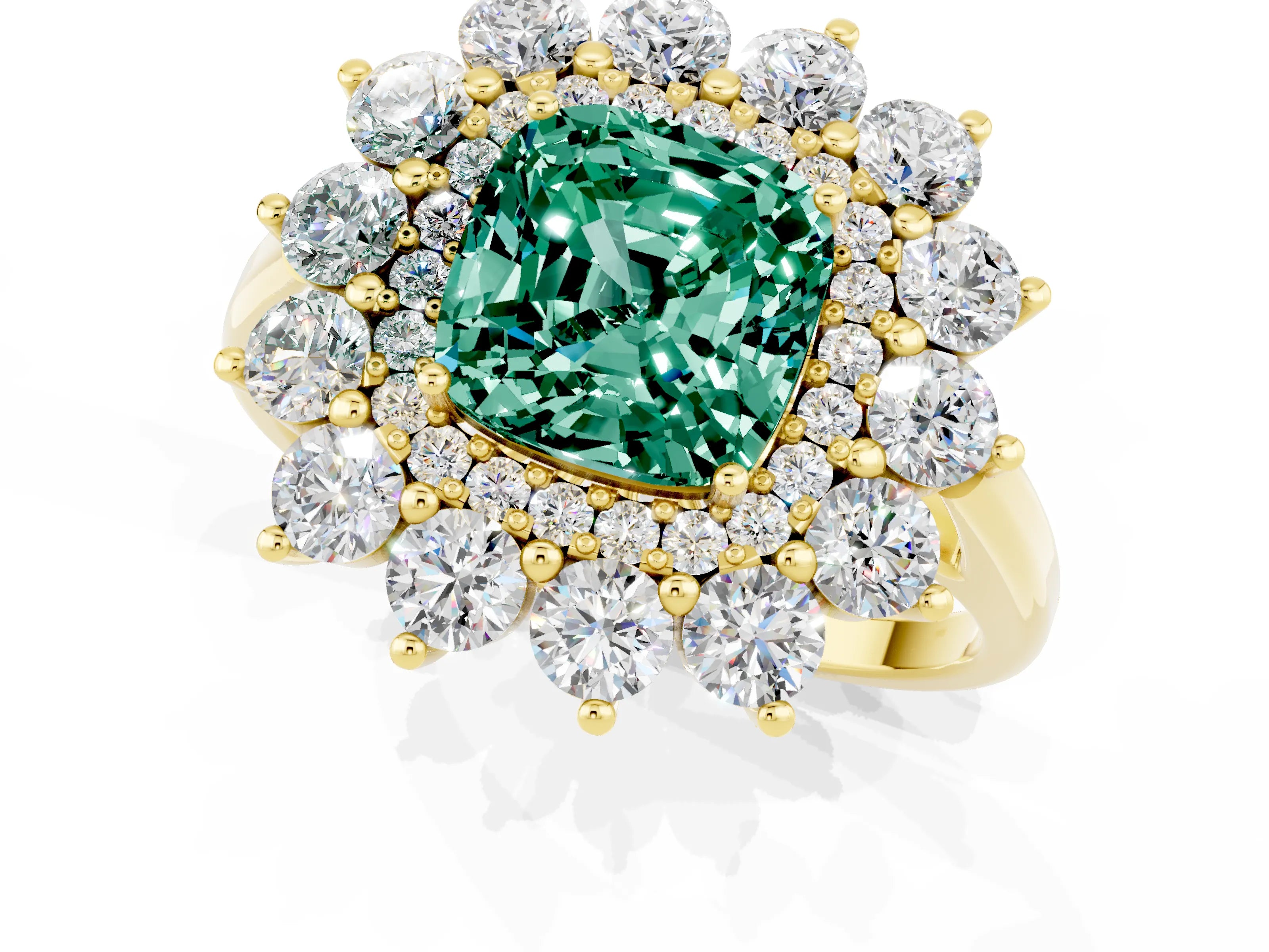 Yellow gold Cushion Cut Halo Cluster Diamond Ring with Pave Band and Four-Prong Setting_1