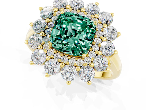 Yellow gold Cushion Cut Halo Cluster Diamond Ring with Pave Band and Four-Prong Setting_1