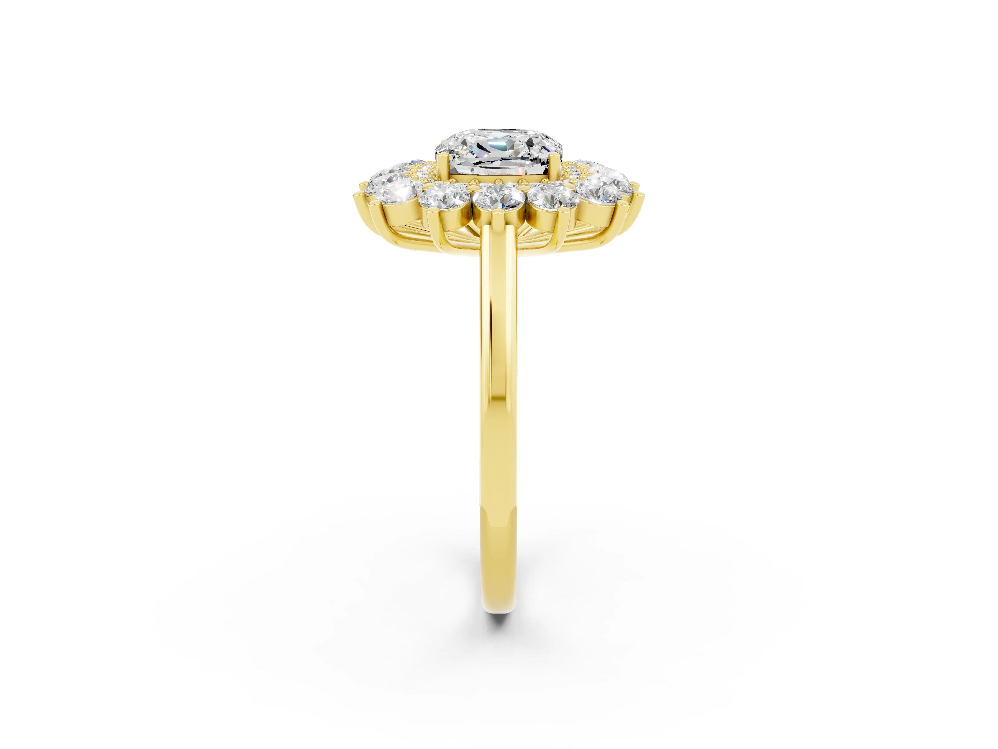 Yellow gold Cushion Cut Halo Cluster Diamond Ring with Pave Band and Four-Prong Setting_2