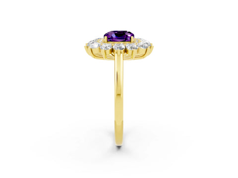 Yellow gold Cushion Cut Halo Cluster Diamond Ring with Pave Band and Four-Prong Setting_2