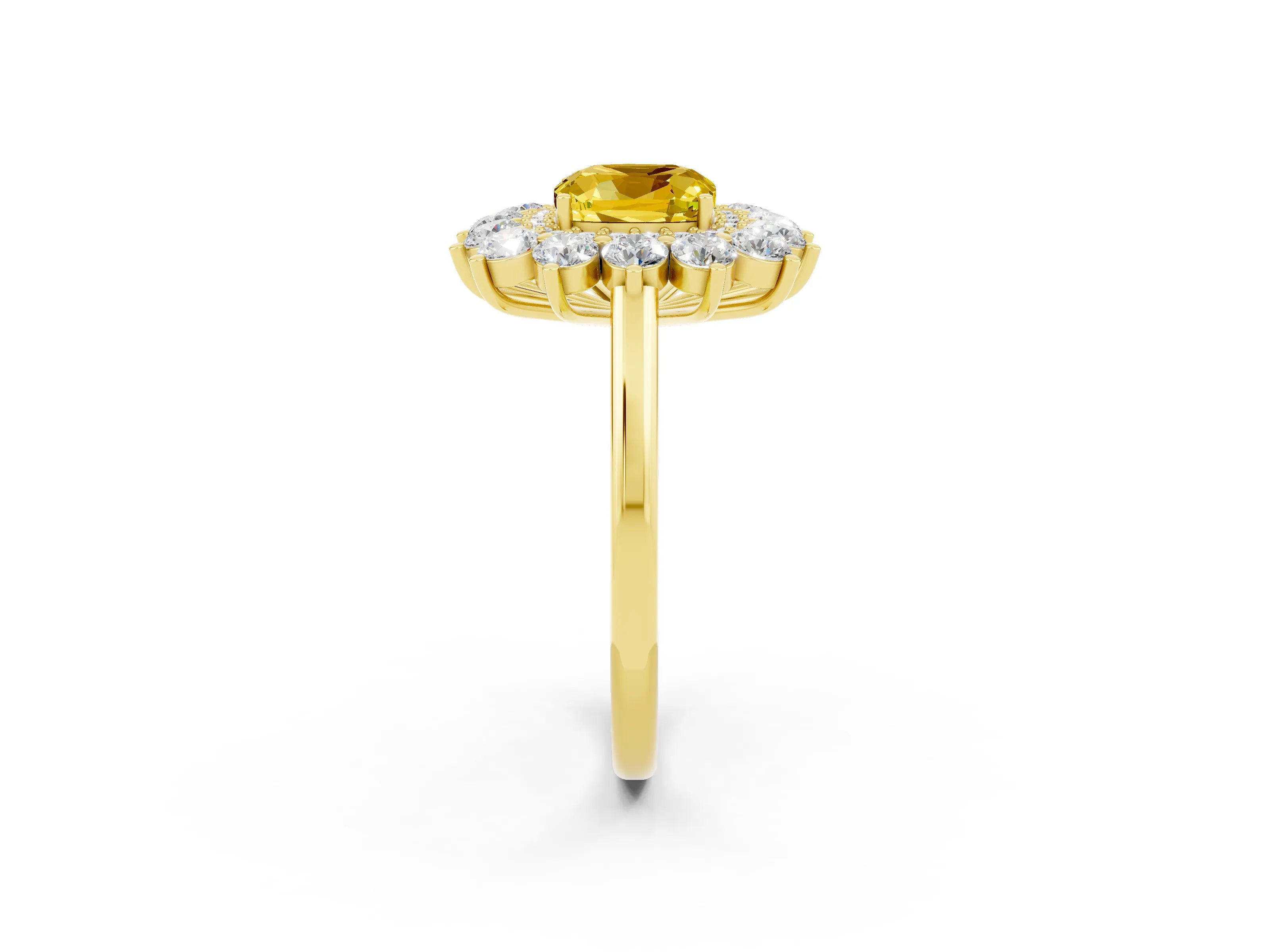 Yellow gold Cushion Cut Halo Cluster Diamond Ring with Pave Band and Four-Prong Setting_2