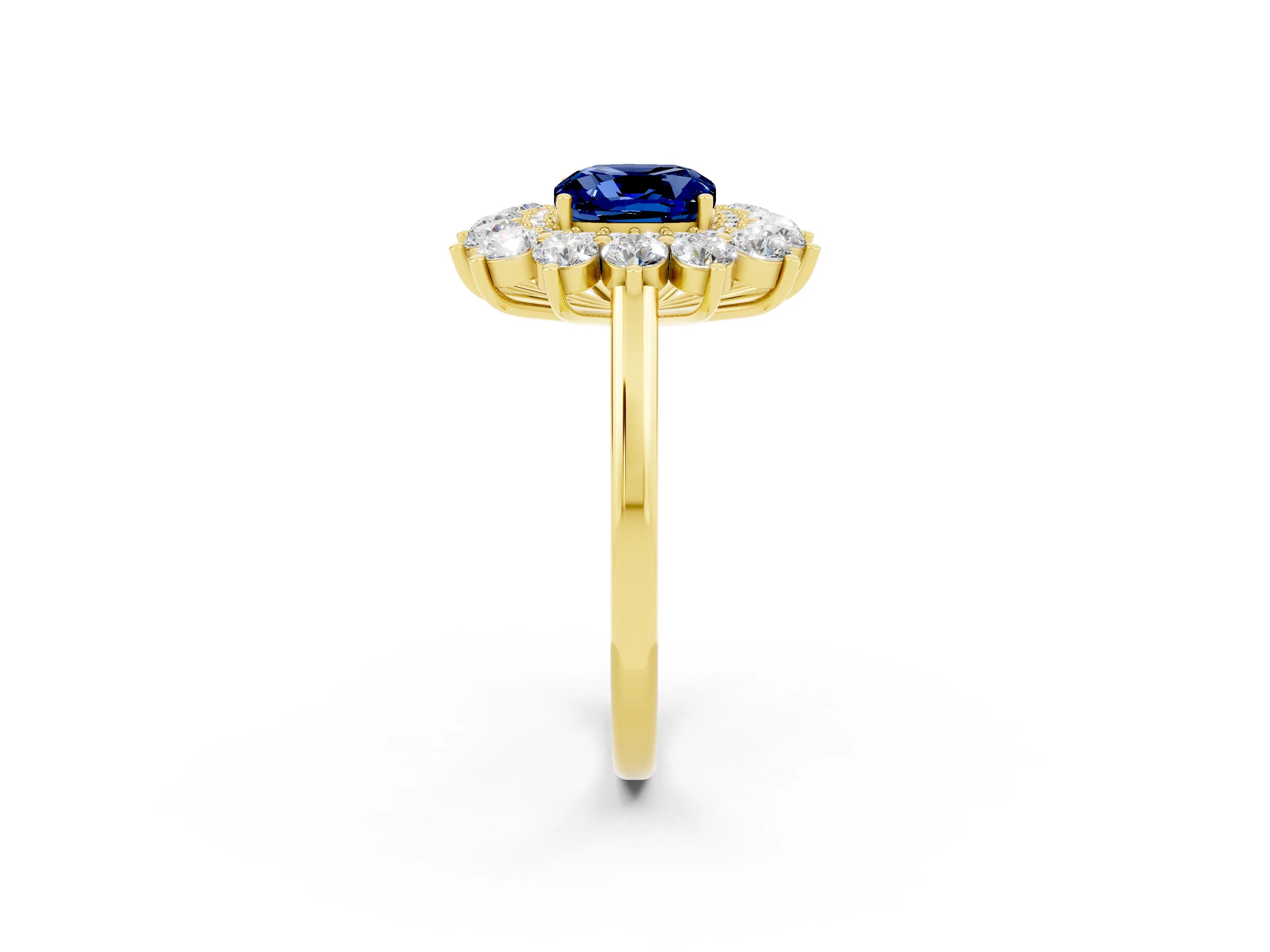 Yellow gold Cushion Cut Halo Cluster Diamond Ring with Pave Band and Four-Prong Setting_2