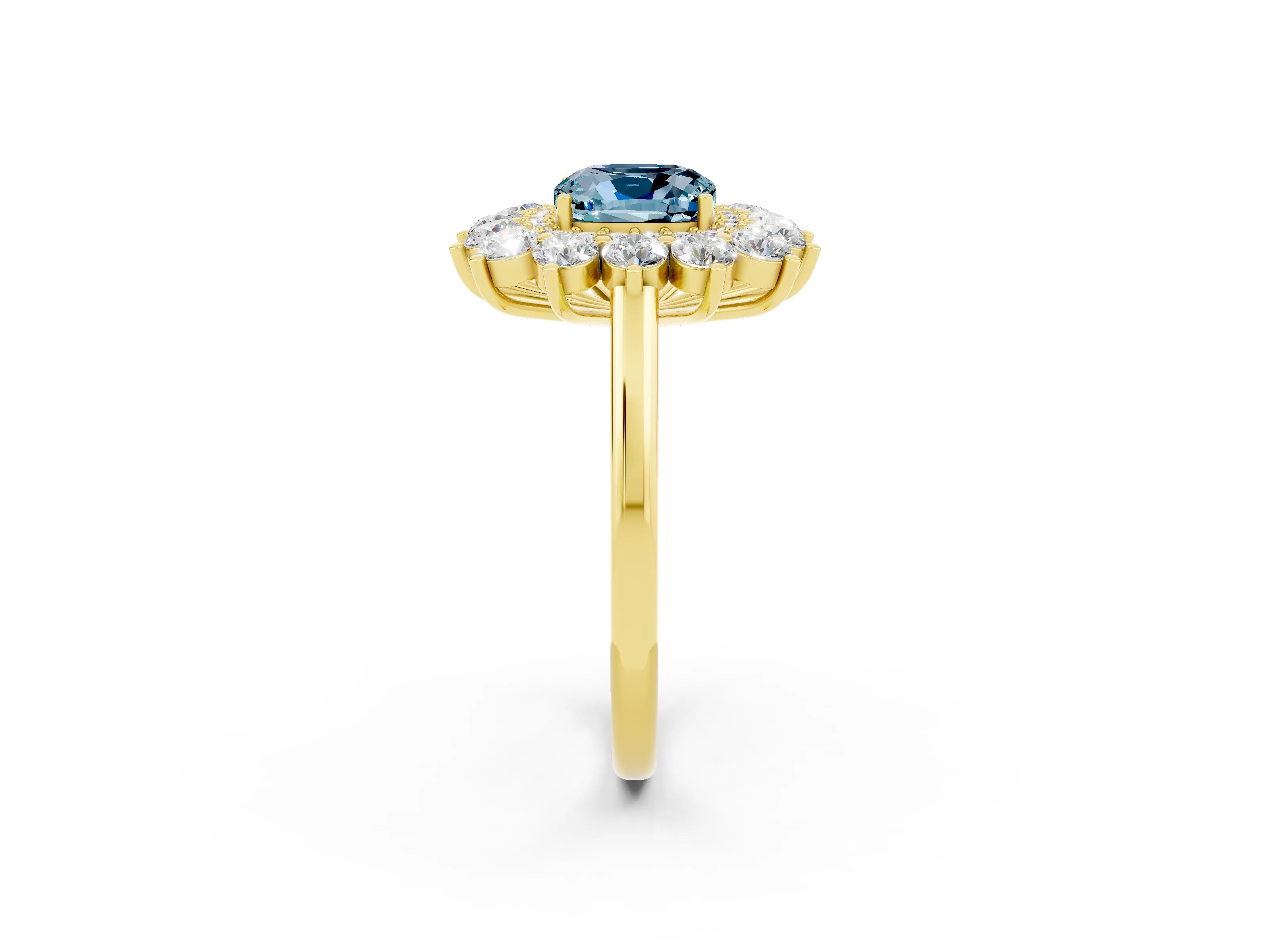 Yellow gold Cushion Cut Halo Cluster Diamond Ring with Pave Band and Four-Prong Setting_2