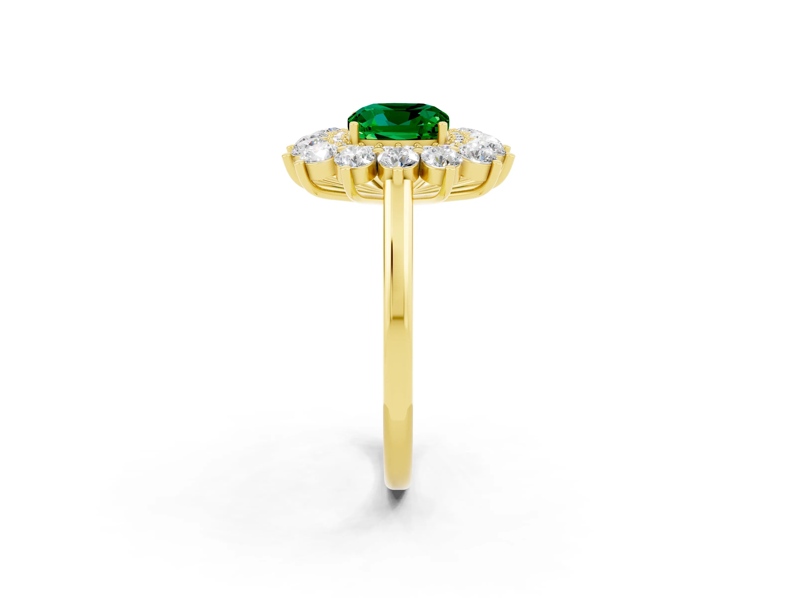 Yellow gold Cushion Cut Halo Cluster Diamond Ring with Pave Band and Four-Prong Setting_2