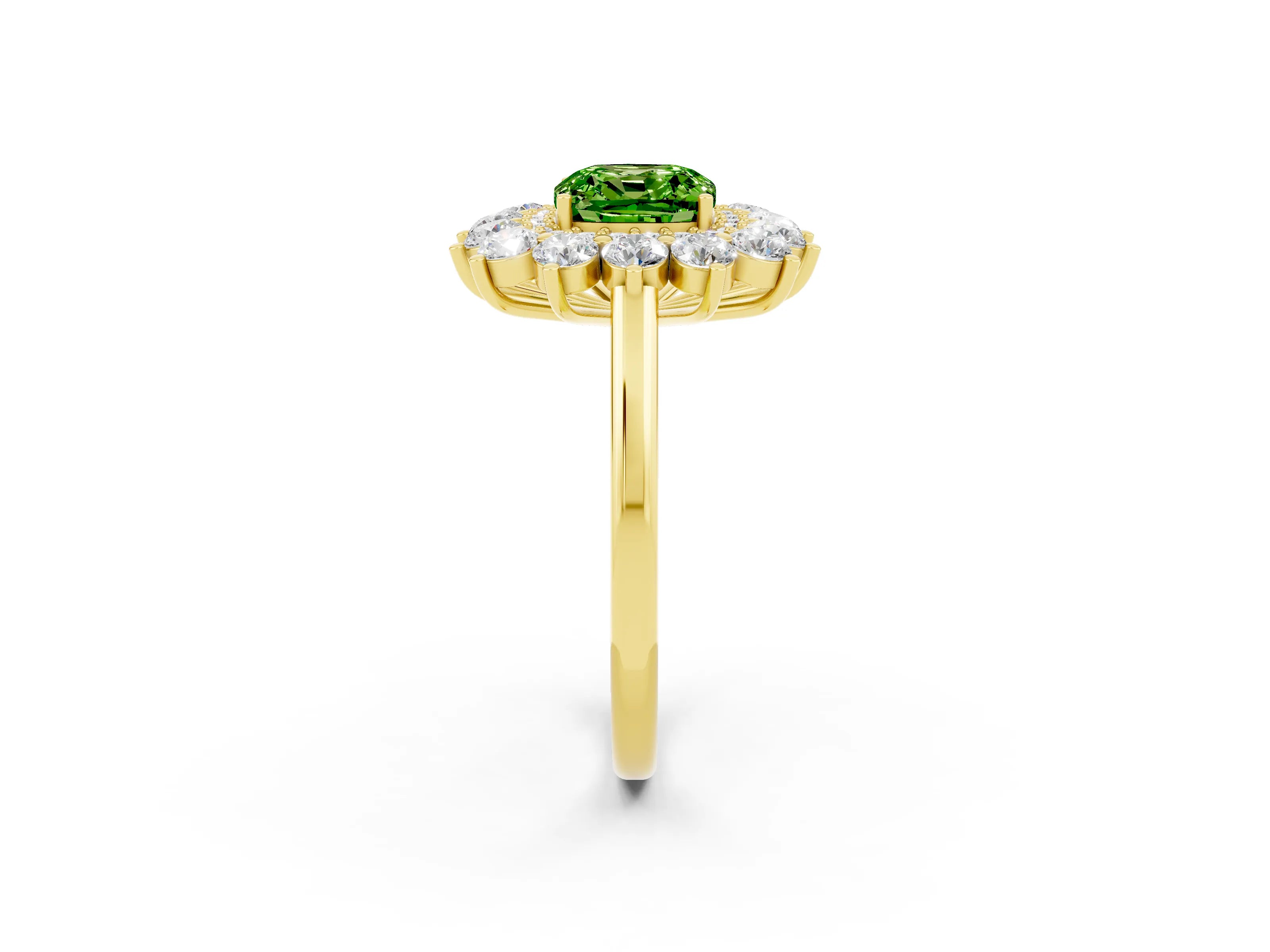 Yellow gold Cushion Cut Halo Cluster Diamond Ring with Pave Band and Four-Prong Setting_2