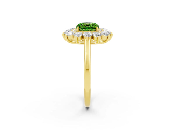 Yellow gold Cushion Cut Halo Cluster Diamond Ring with Pave Band and Four-Prong Setting