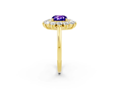 Yellow gold Cushion Cut Halo Cluster Diamond Ring with Pave Band and Four-Prong Setting_2