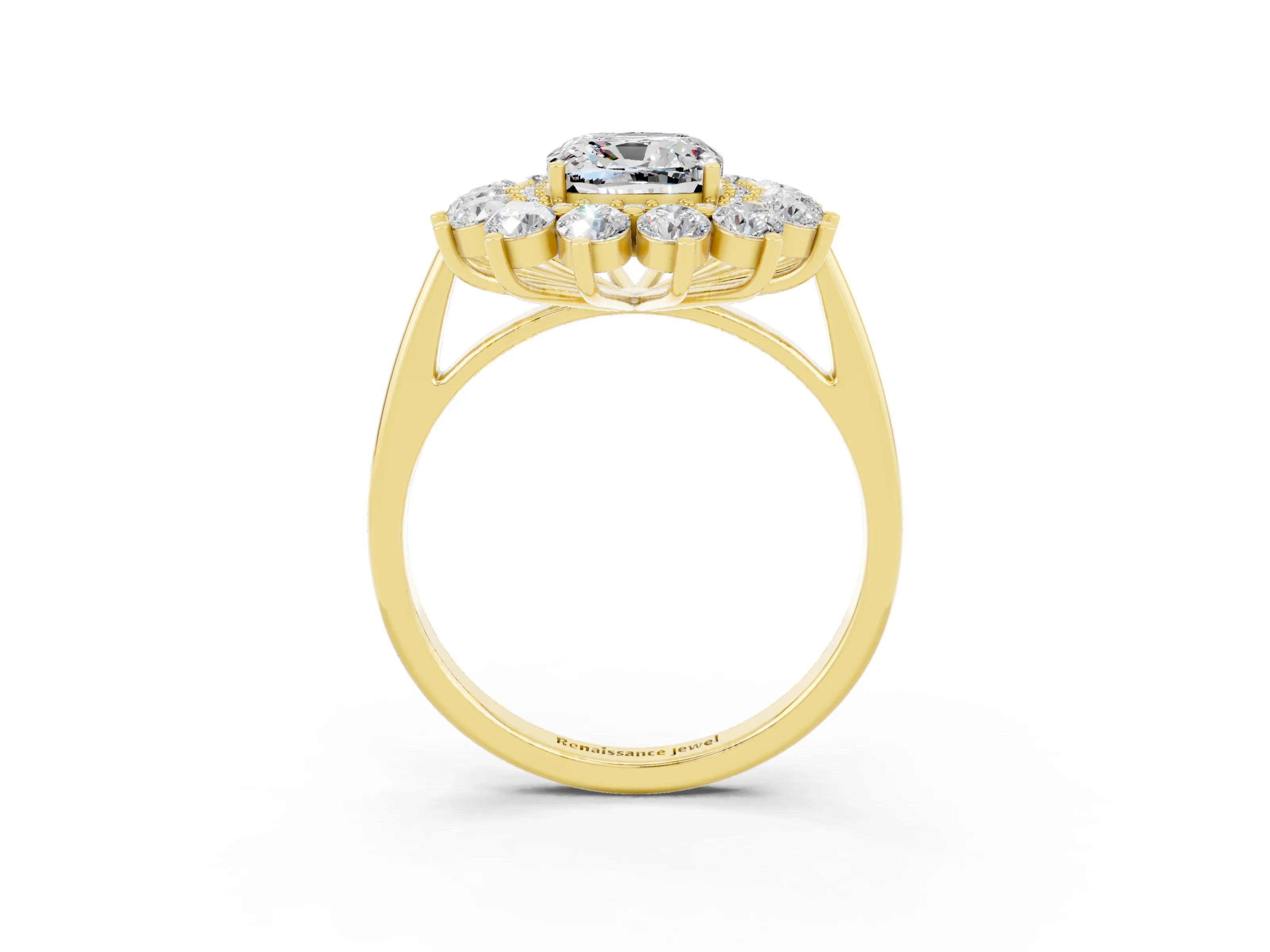 Yellow gold Cushion Cut Halo Cluster Diamond Ring with Pave Band and Four-Prong Setting_3