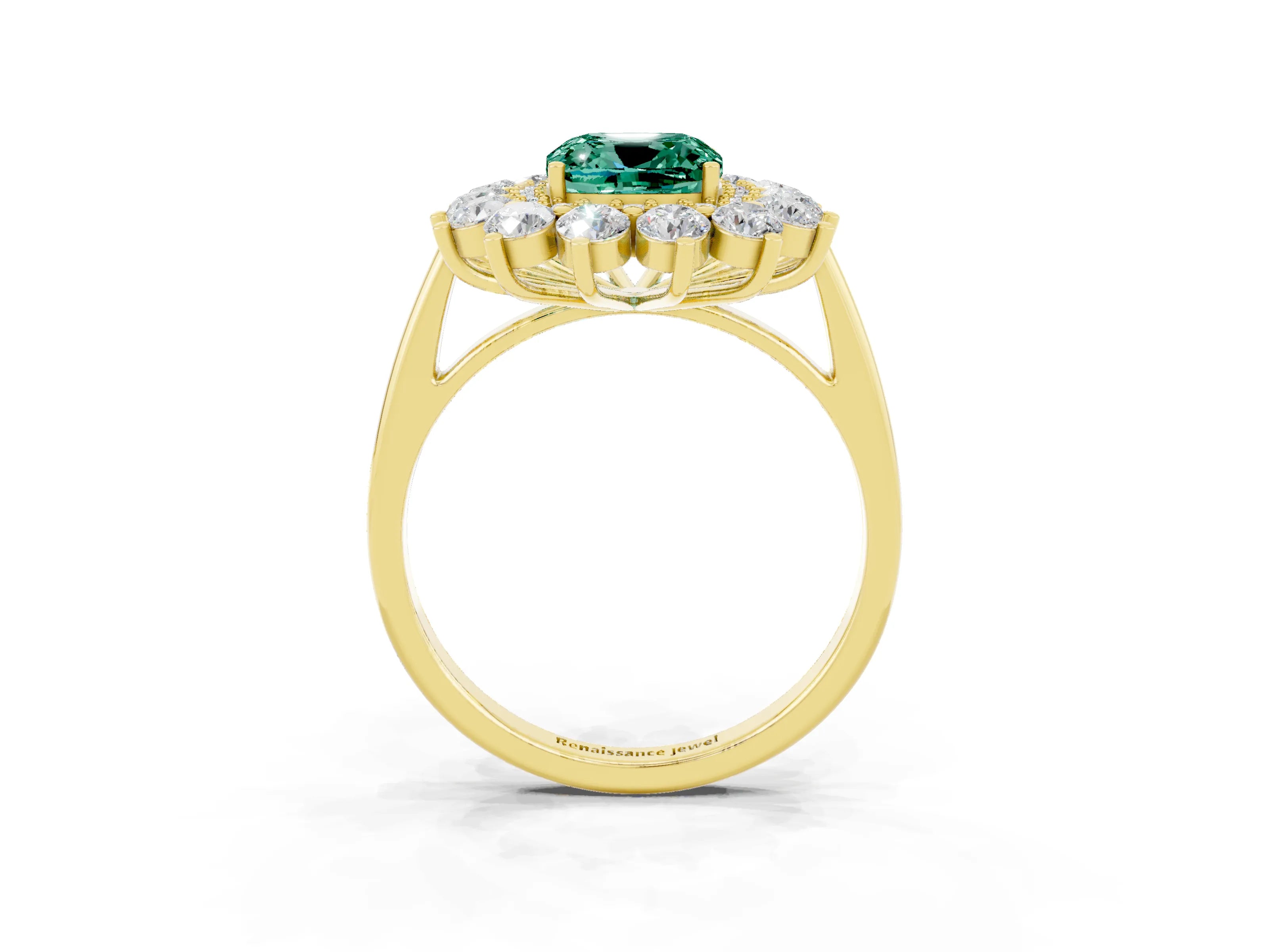 Yellow gold Cushion Cut Halo Cluster Diamond Ring with Pave Band and Four-Prong Setting_3