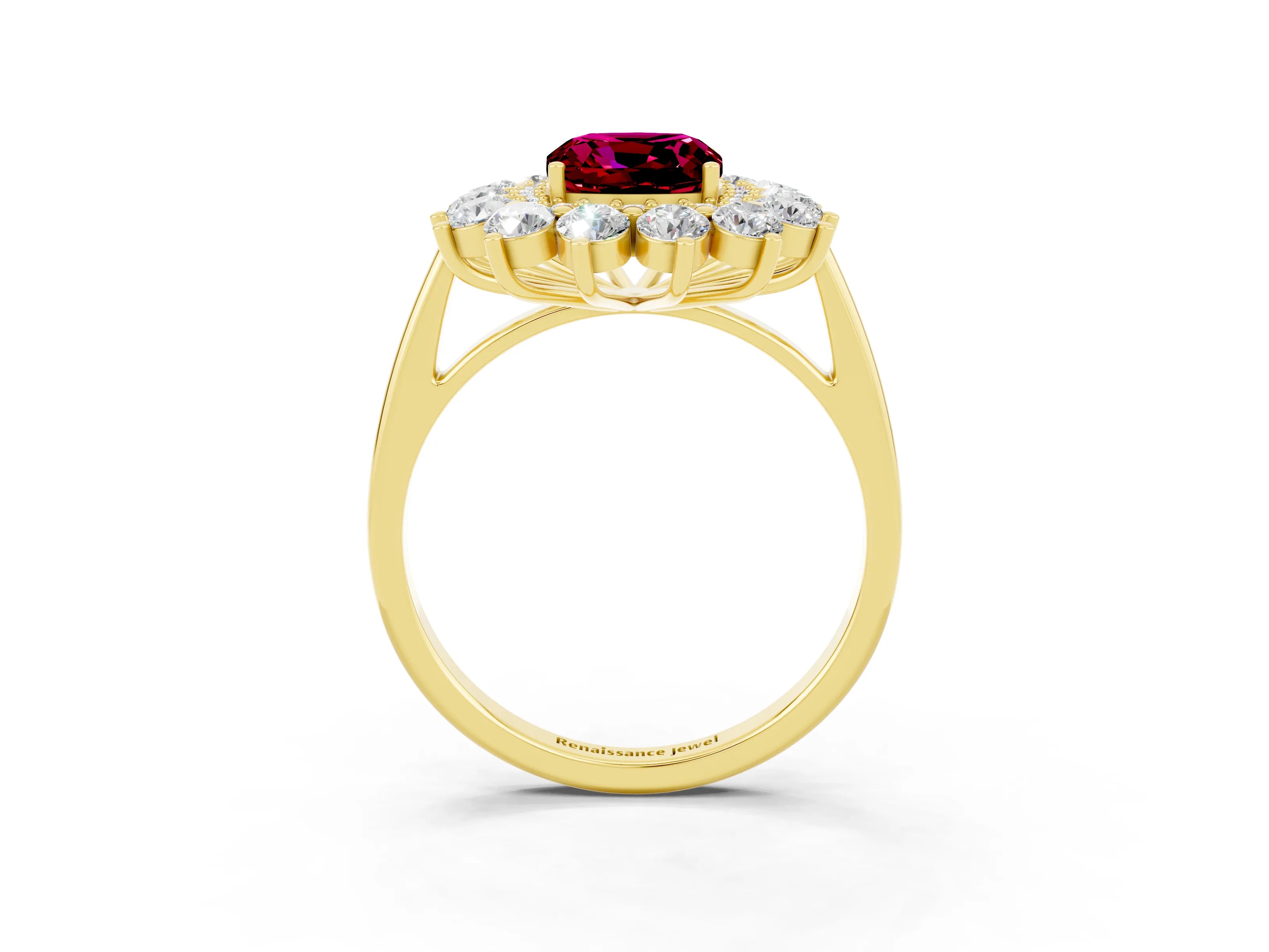 Yellow gold Cushion Cut Halo Cluster Diamond Ring with Pave Band and Four-Prong Setting_3