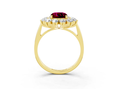 Yellow gold Cushion Cut Halo Cluster Diamond Ring with Pave Band and Four-Prong Setting_3