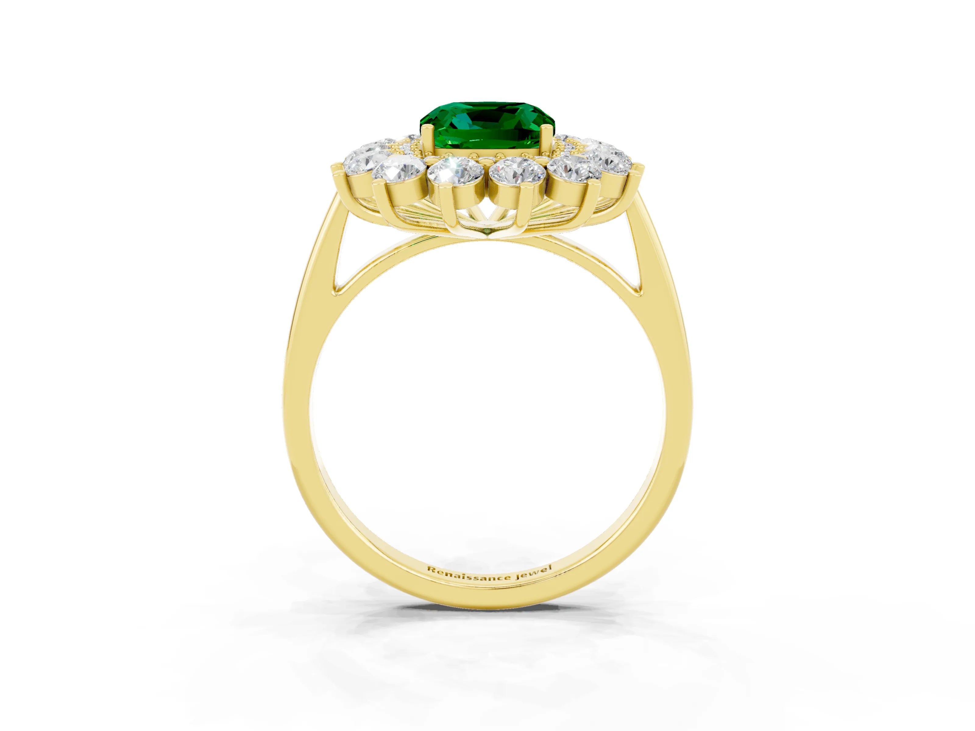 Yellow gold Cushion Cut Halo Cluster Diamond Ring with Pave Band and Four-Prong Setting_3