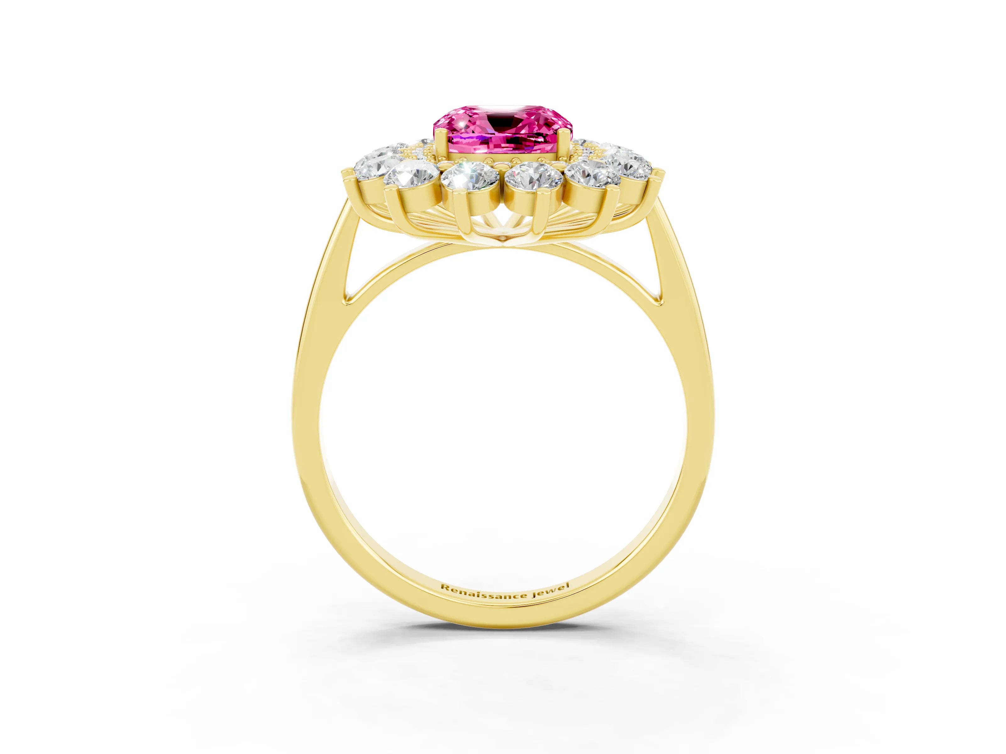 Yellow gold Cushion Cut Halo Cluster Diamond Ring with Pave Band and Four-Prong Setting_3