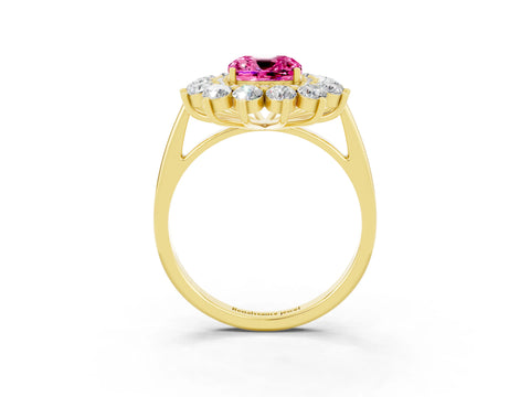 Yellow gold Cushion Cut Halo Cluster Diamond Ring with Pave Band and Four-Prong Setting_3