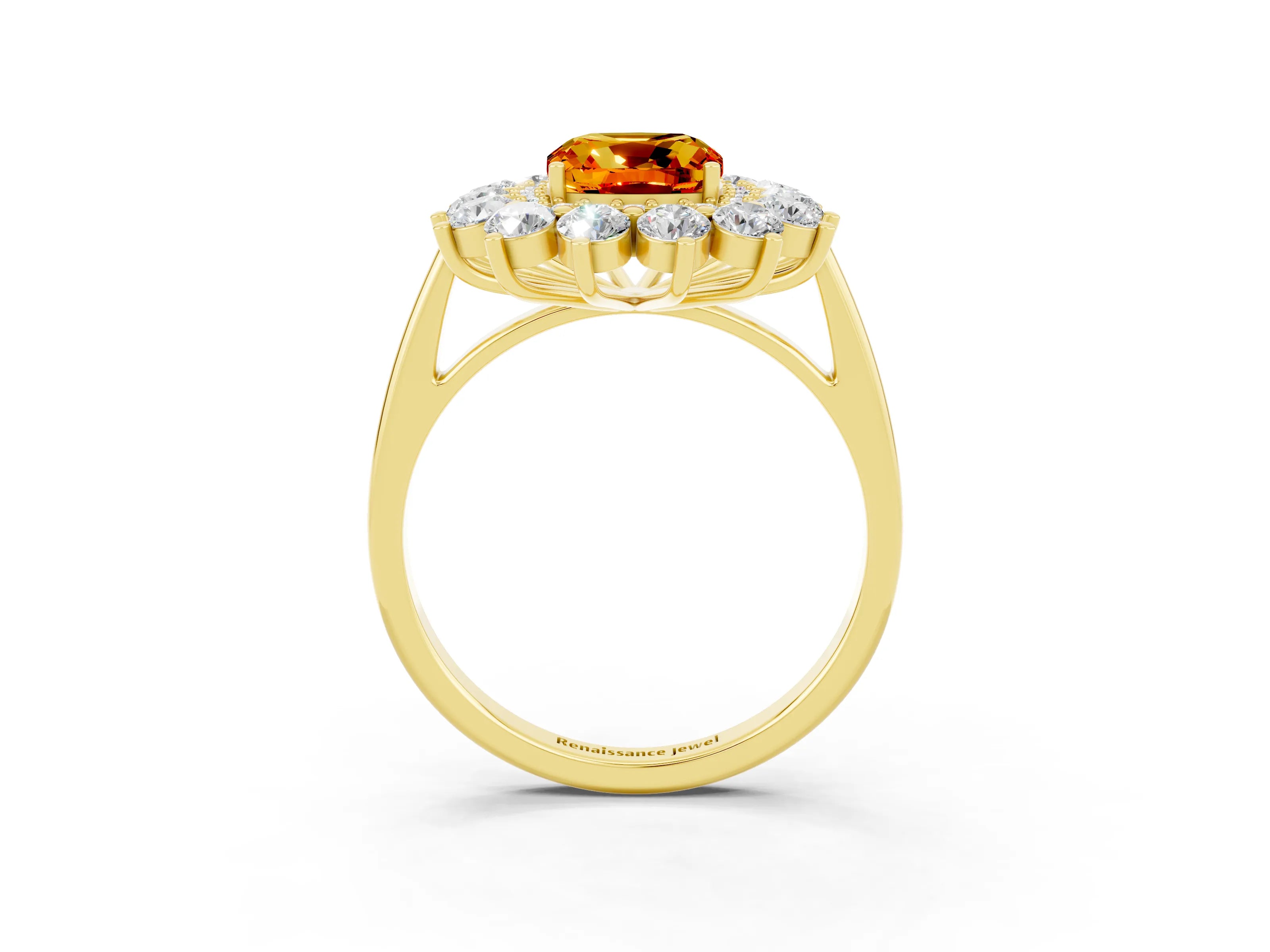 Yellow gold Cushion Cut Halo Cluster Diamond Ring with Pave Band and Four-Prong Setting_3