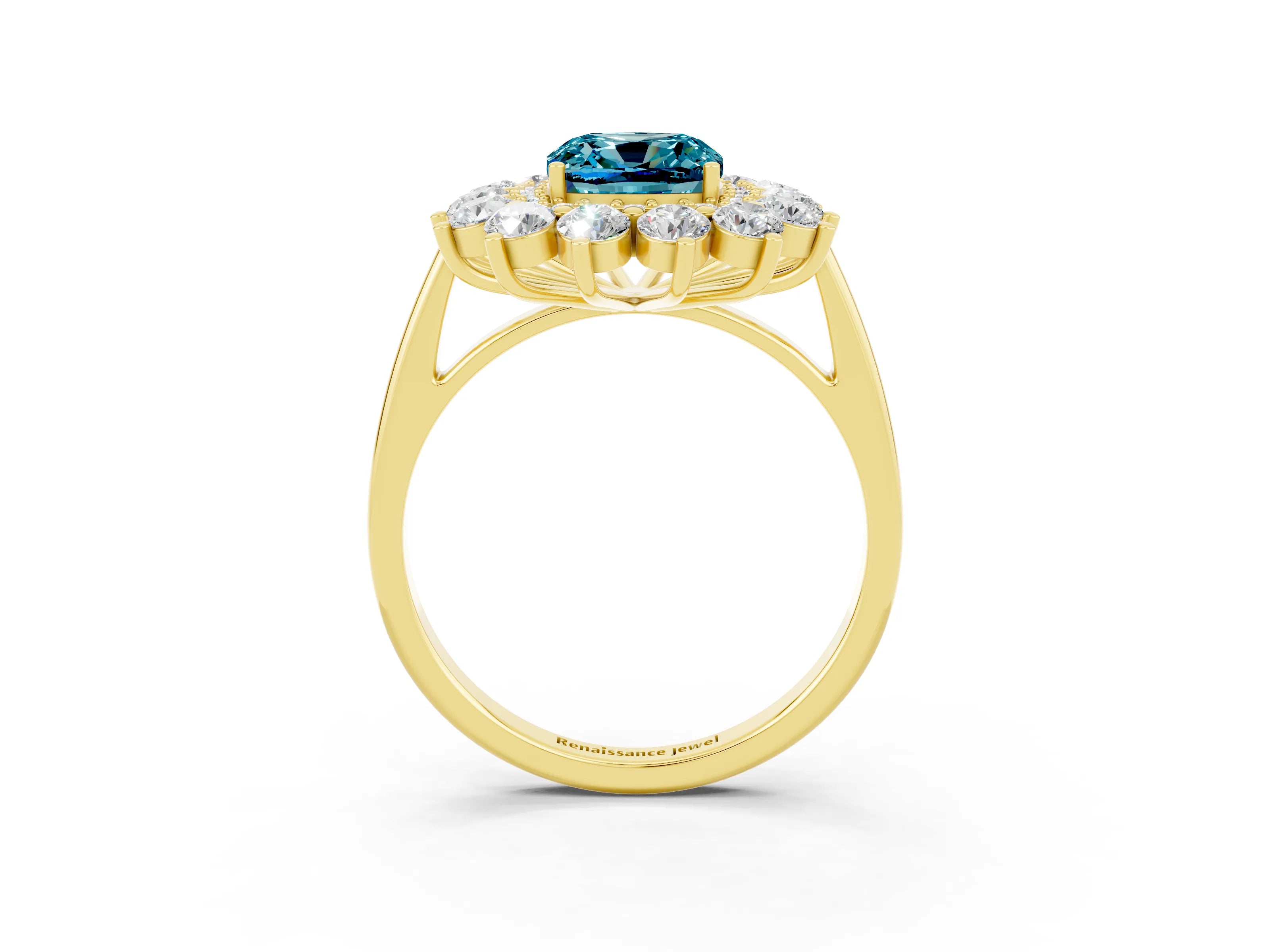 Yellow gold Cushion Cut Halo Cluster Diamond Ring with Pave Band and Four-Prong Setting_3