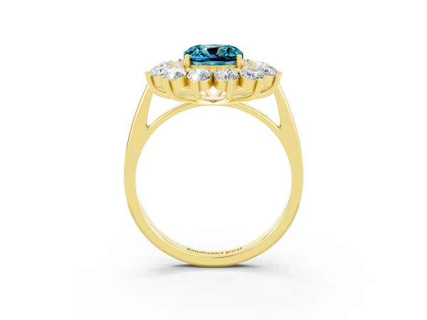 Yellow gold Cushion Cut Halo Cluster Diamond Ring with Pave Band and Four-Prong Setting