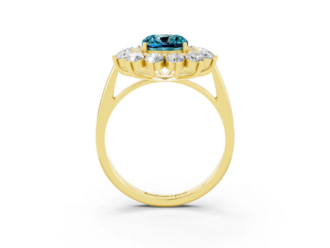 Yellow gold Cushion Cut Halo Cluster Diamond Ring with Pave Band and Four-Prong Setting_3