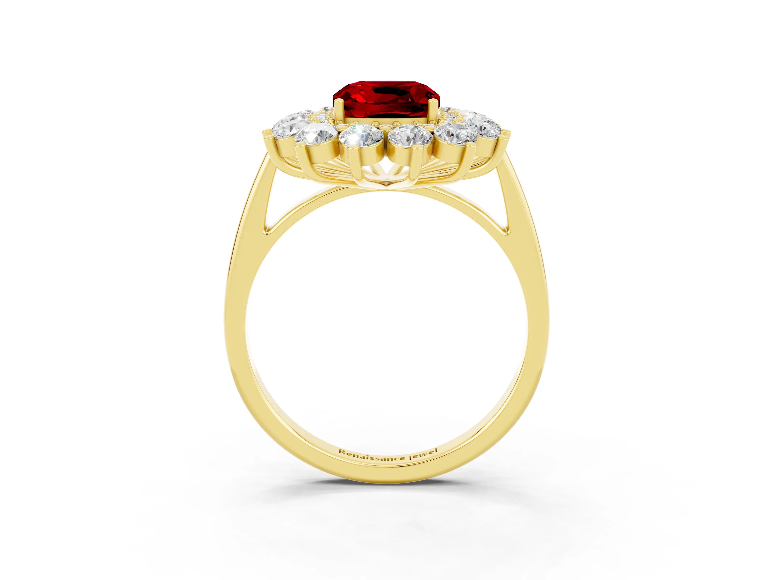 Yellow gold Cushion Cut Halo Cluster Diamond Ring with Pave Band and Four-Prong Setting_3