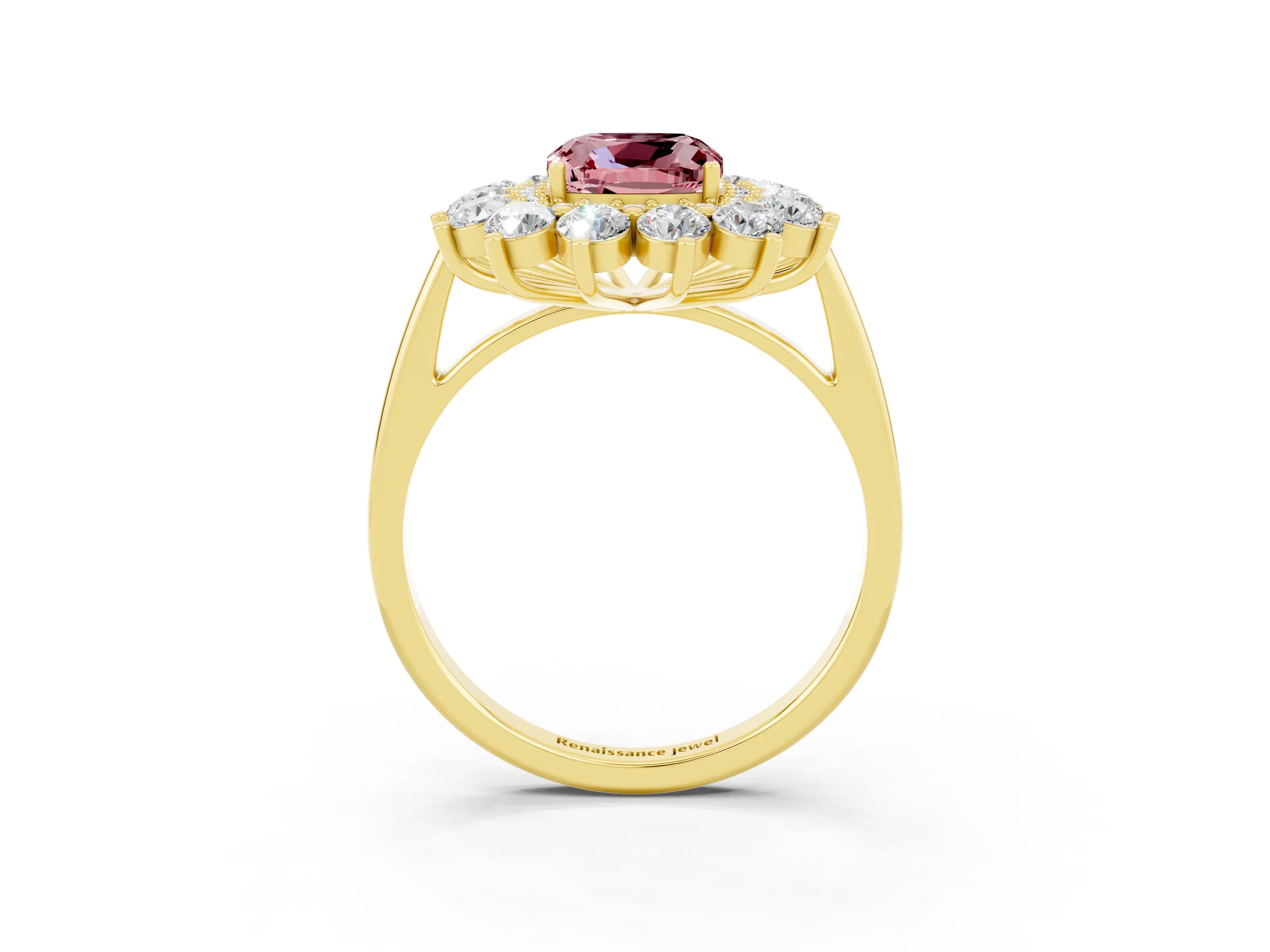 Yellow gold Cushion Cut Halo Cluster Diamond Ring with Pave Band and Four-Prong Setting_3