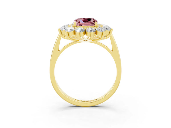 Yellow gold Cushion Cut Halo Cluster Diamond Ring with Pave Band and Four-Prong Setting