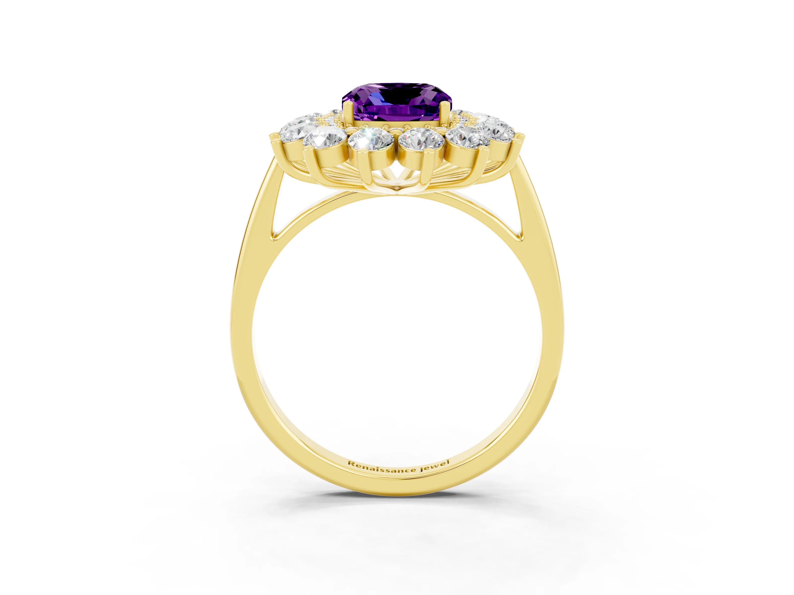 Yellow gold Cushion Cut Halo Cluster Diamond Ring with Pave Band and Four-Prong Setting_3