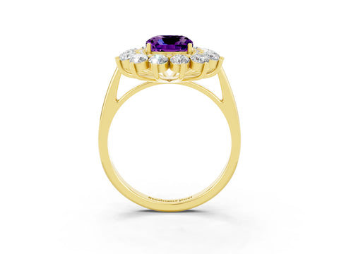 Yellow gold Cushion Cut Halo Cluster Diamond Ring with Pave Band and Four-Prong Setting_3