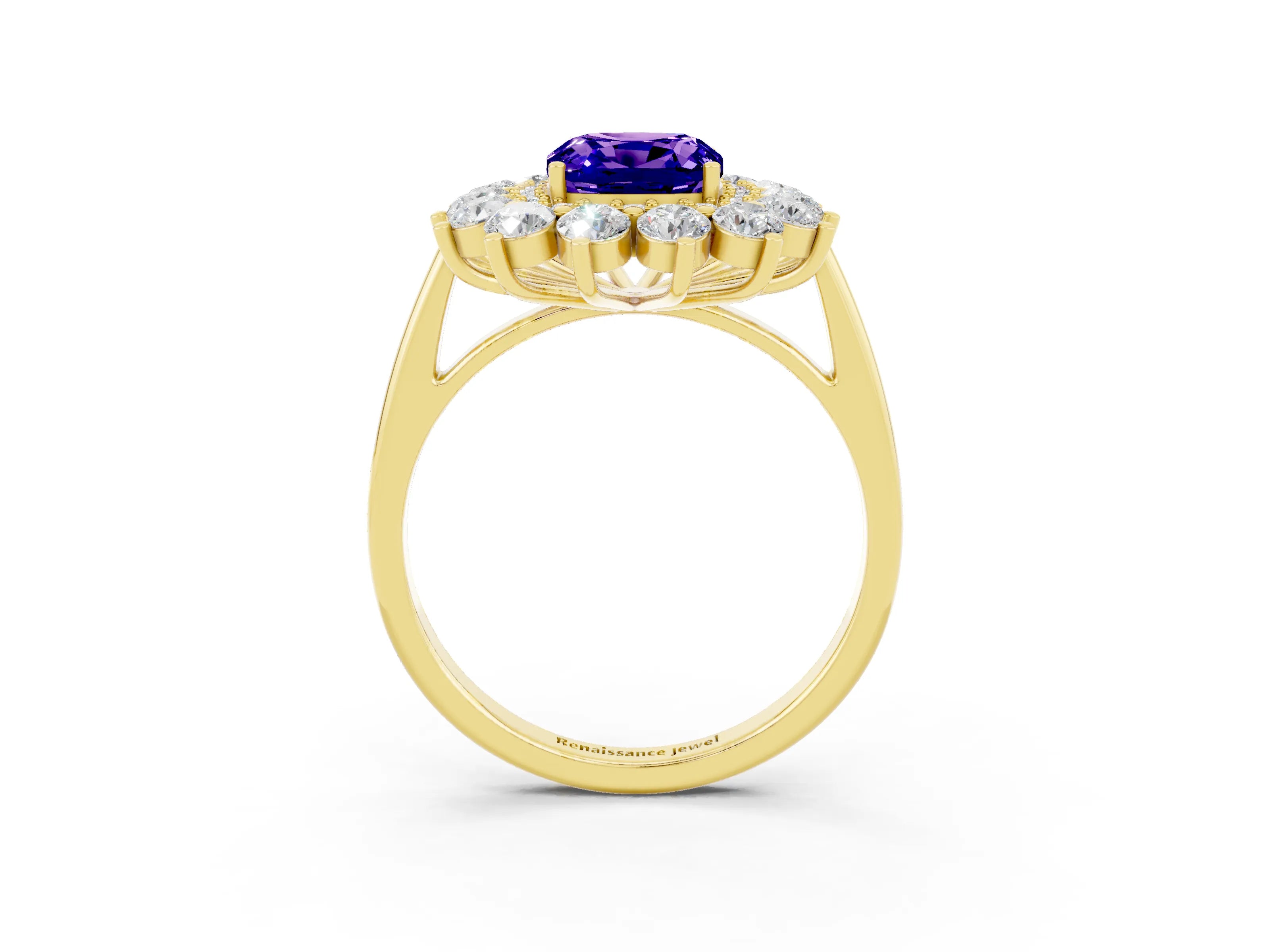 Yellow gold Cushion Cut Halo Cluster Diamond Ring with Pave Band and Four-Prong Setting_3