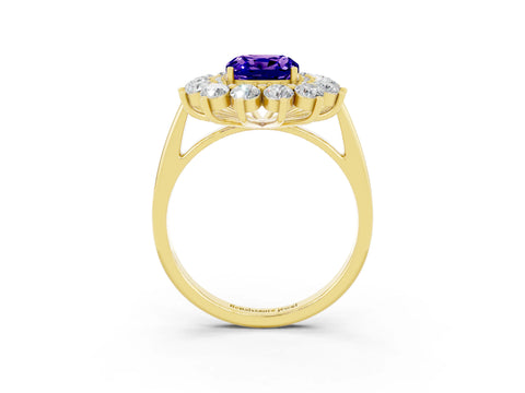 Yellow gold Cushion Cut Halo Cluster Diamond Ring with Pave Band and Four-Prong Setting_3