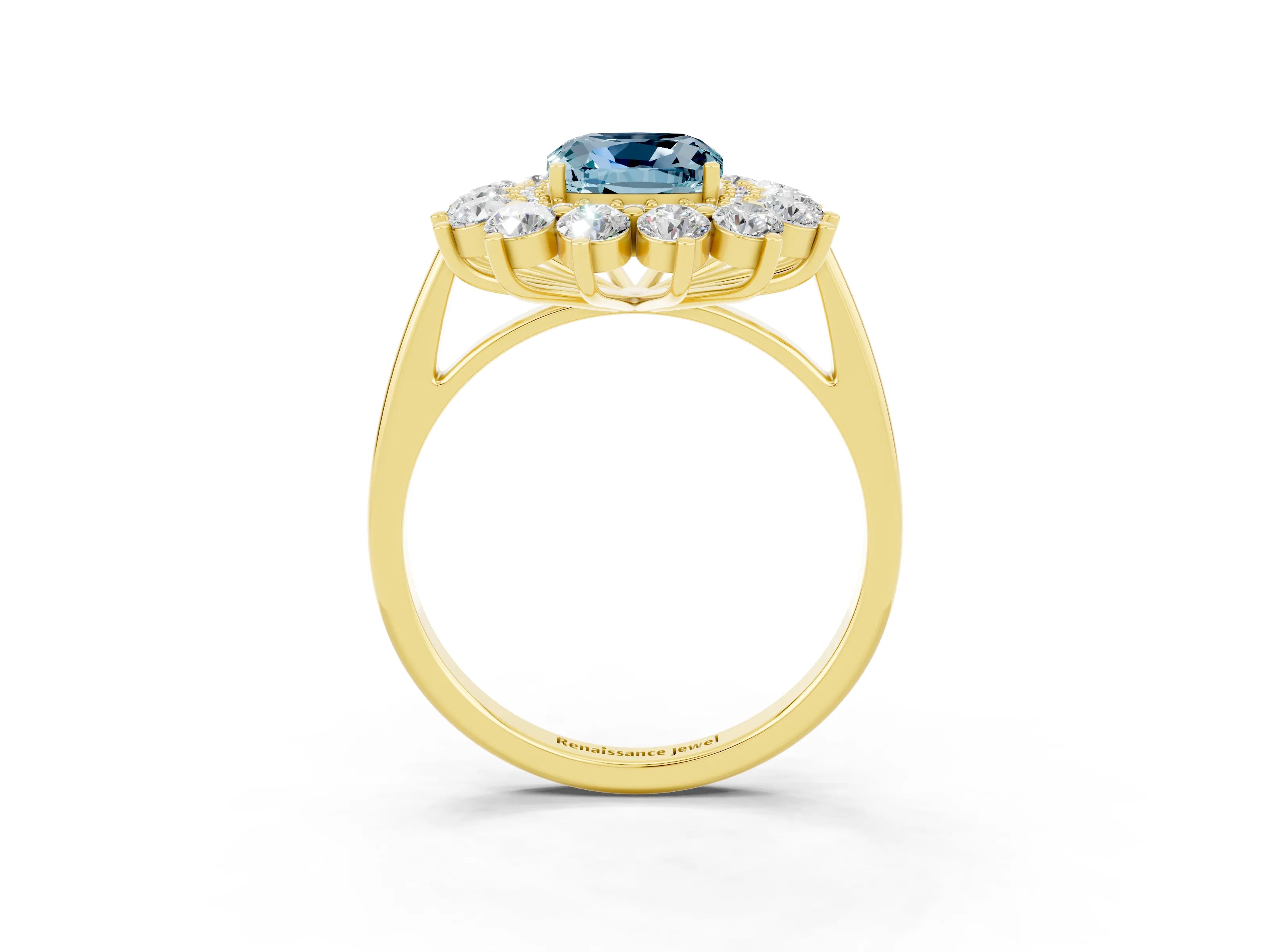 Yellow gold Cushion Cut Halo Cluster Diamond Ring with Pave Band and Four-Prong Setting_3
