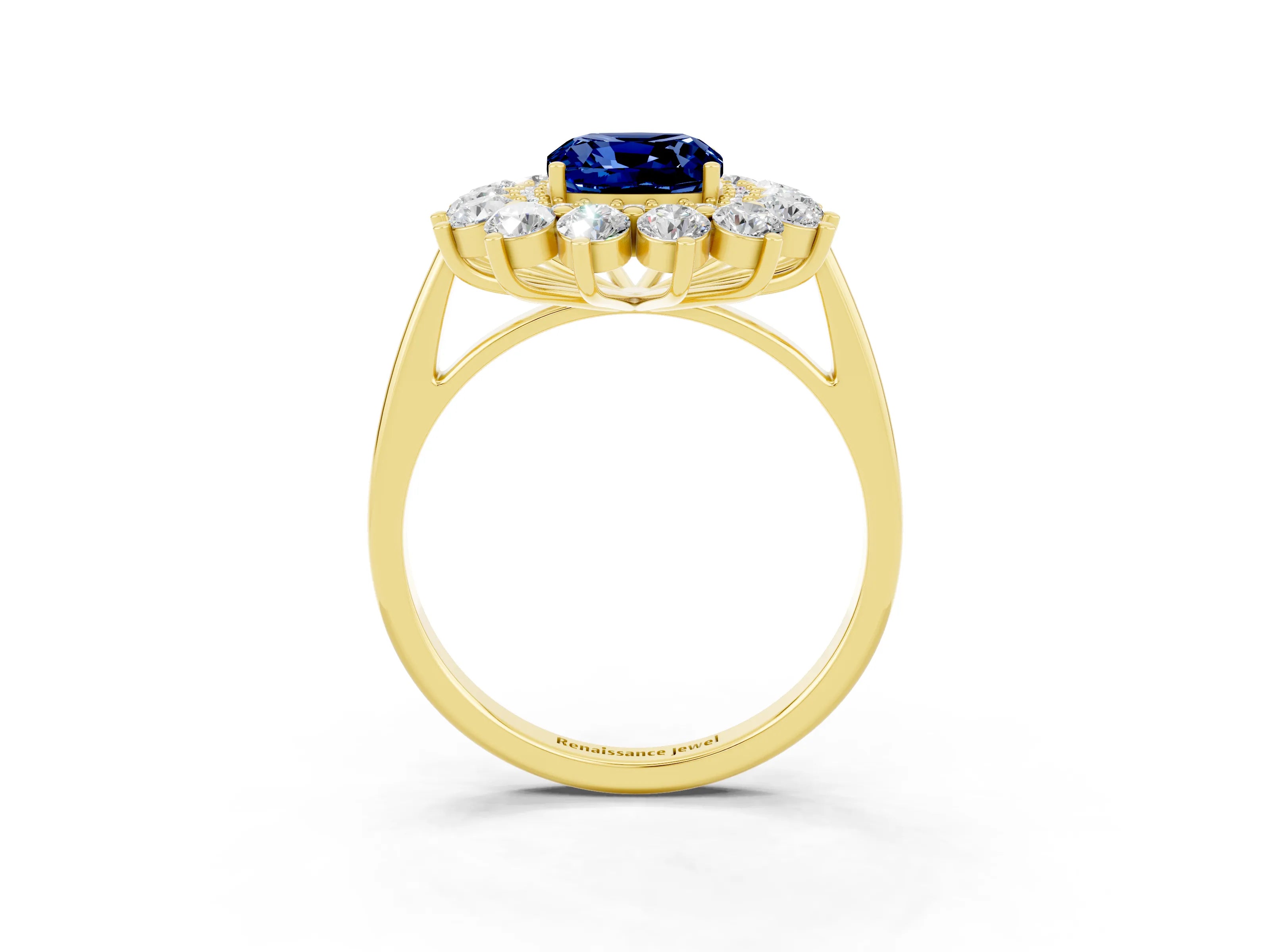 Yellow gold Cushion Cut Halo Cluster Diamond Ring with Pave Band and Four-Prong Setting_3